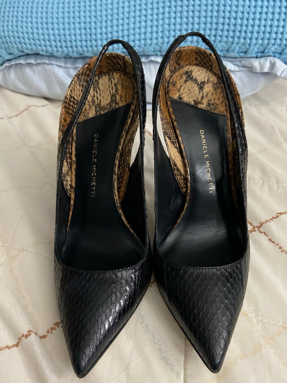 Daniele Michetti Black Pointed Snakeskin Slingback Pumps